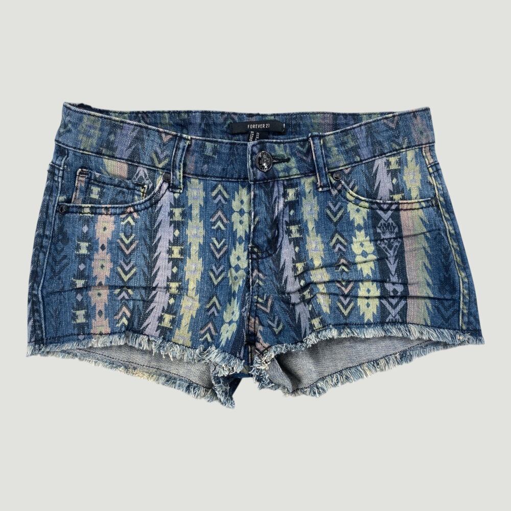 Forever 21 Tribal Print Denim Shorts Y2K Festival Coachella Low Rise Frayed 25
